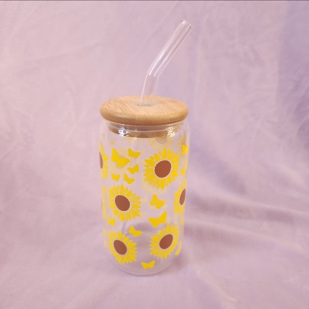 NWOT Sunflower Printed Glass Tumbler Cup with Wooden Lid and Glass Straw